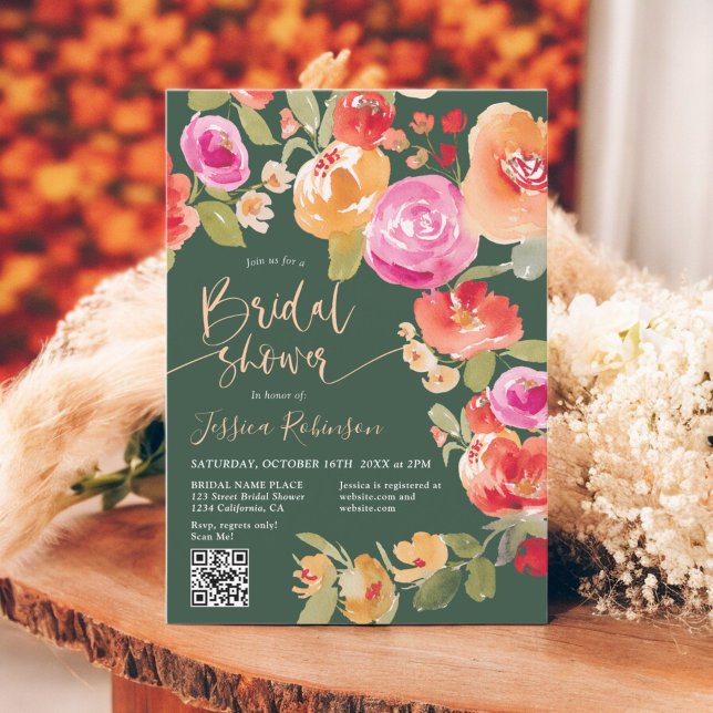 Convites Boho Fall floral aquarela QR chá de panela verde (Boho Fall floral watercolor QR green bridal shower Invitation)