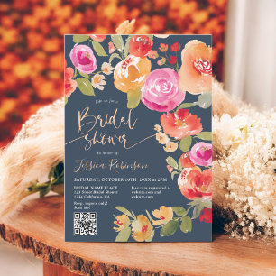 Convites Boho Fall floral aqucolor QR chá de panela azul