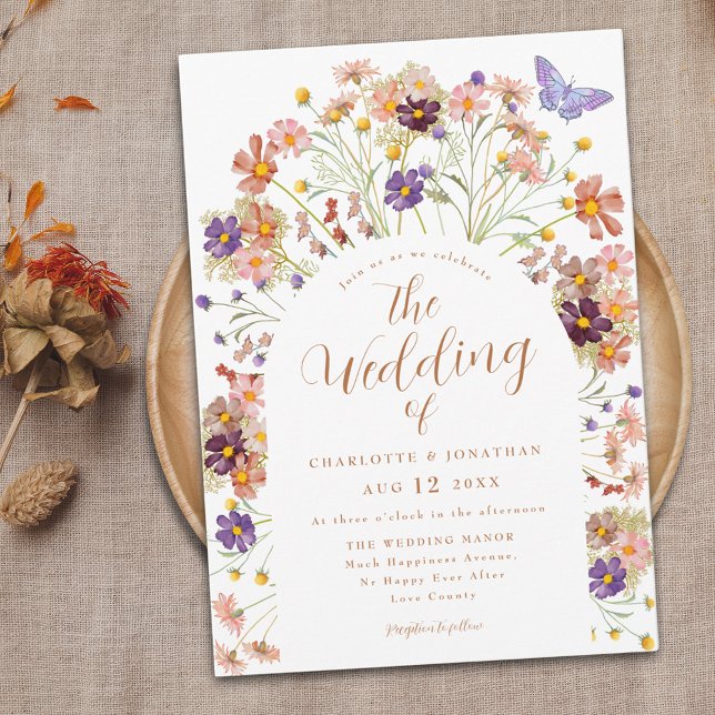 Convites Boho Fall Floral Butterfly Casamento (Boho fall rustic floral wedding invitation colorful whimsical watercolor wildflowers and butterfly)