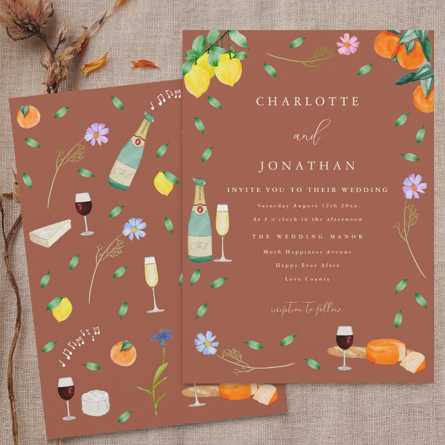 Convites Boho Fall Floral Citrus Terracotta Beige Wedding (Boho fall rustic citrus terracotta beige wedding invitation Wine and cheese lemons oranges music )