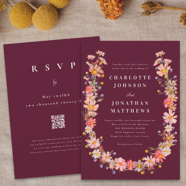 Convites Boho Fall Floral Código QR Casamento (Boho fall wildflower rustic floral wreath burgundy wedding qr code invitation Elegant watercolor)
