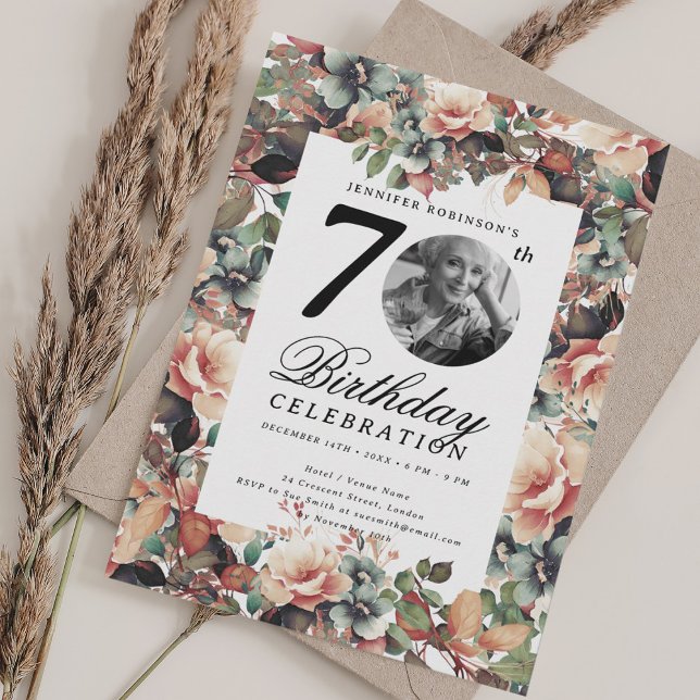 Convites Boho Fall Floral Garden Photo 70th Birthday  (Boho Fall Floral Garden Photo 70th Birthday Invitation)