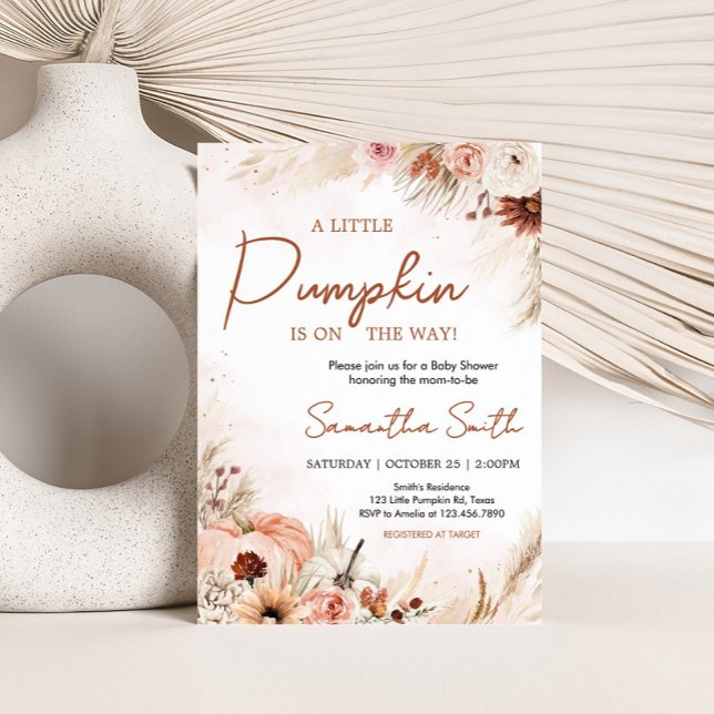 Convites Boho Fall Pumpkin Pampas Chá de fraldas Grass (Boho Autumn Fall Pumpkin Pampas Grass Baby Shower Invitation)