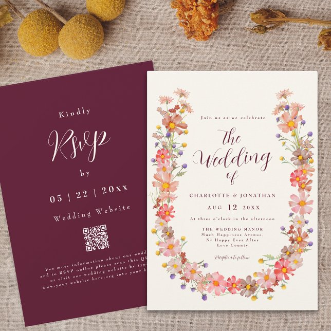 Convites Boho Fall Rustic Floral Código QR Casamento (Boho fall wildflower wedding qr code invitation burgundy and ivory cream Watercolor autumn florals)