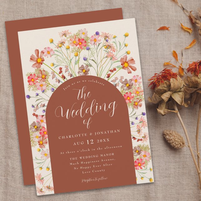 Convites Boho Fall Rustic Wildflower Arch Wedch (Boho fall rustic wildflower floral arch terracotta burnt orange and beige wedding invitation Elegant)