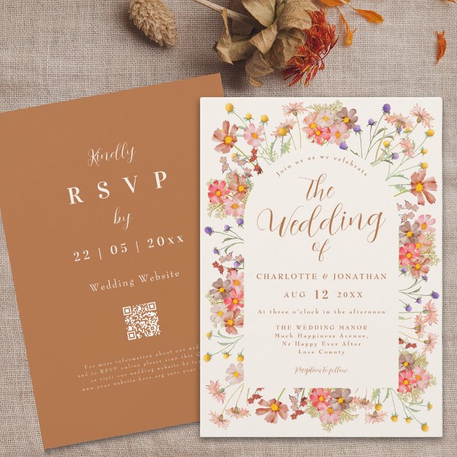 Convites Boho Fall Wildflower Arch Orange Casamento Laranja (Boho fall wildflower arch terracotta burnt orange elegant wedding invitation with dried flowers)
