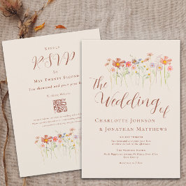 Convites Boho Fall Wildflower Beige Terracotta Código QR
