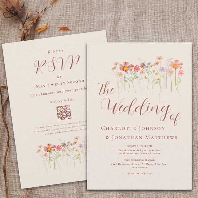 Convites Boho Fall Wildflower Beige Terracotta Código QR (Boho fall Wildflower floral beige & terracotta Wedding qr code invitation Watercolor meadow flowers)