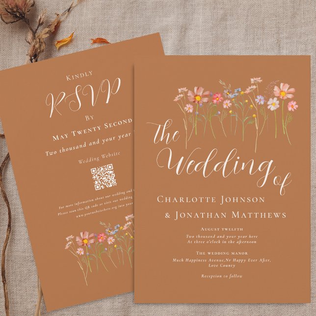 Convites Boho Fall Wildflower Brown Orange Código QR Casame (Boho fall Wildflower floral caramel brown sugar beige terracotta Wedding qr code invitation )