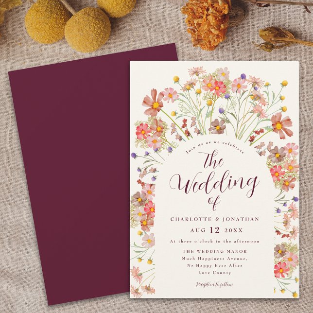 Convites Boho Fall Wildflower Burgundy e Cream Wedes (Boho fall rustic wildflowers floral arch burgundy ivory cream wedding invitation watercolor flowers)