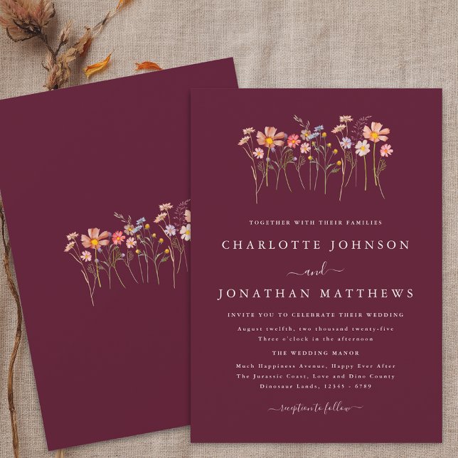 Convites Boho Fall Wildflower Burgundy & Terracotta Casamen (Boho fall wildflower meadow burgundy terracotta wedding invitation watercolor florals elegant modern)