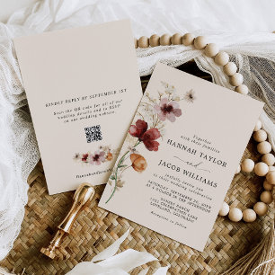 Convites Boho Fall Wildflower Código QR RSVP Casamento