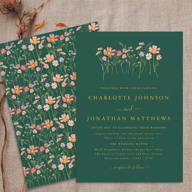 Convites Boho Fall Wildflower Dark Verde & Dourado Casament (Boho fall Wildflower floral green & gold Wedding invitation Watercolor garden meadow elegant modern)
