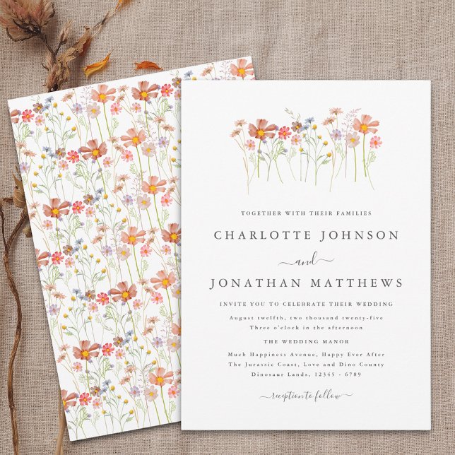 Convites Boho Fall Wildflower Meadow Wedding (Boho fall Wildflower floral Wedding invitation Watercolor autumn flowers orange terracotta brown)