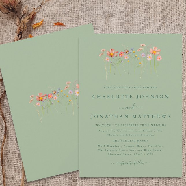 Convites Boho Fall Wildflower Sage Casamento Verde (Boho fall Wildflower sage green floral Wedding invitation Watercolor flowers stylish modern)
