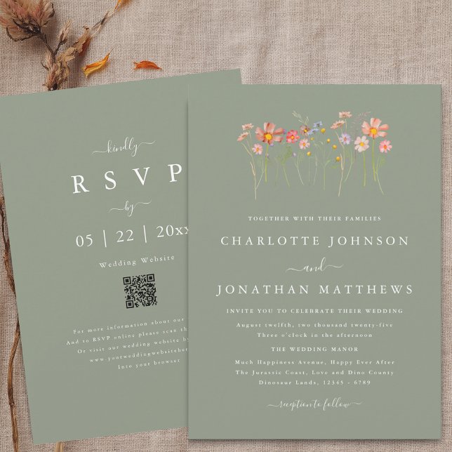 Convites Boho Fall Wildflower Sage Green Weding Código QR (Wildflower boho fall floral sage green Wedding qr code invitation watercolor meadow flowers elegant )