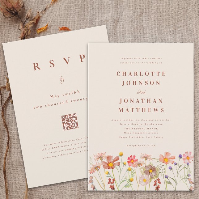 Convites Boho Fall Wildflower Terracotta Beige Weding (Wildflower floral terracotta beige boho fall Wedding qr code invitation Watercolor meadow flowers)