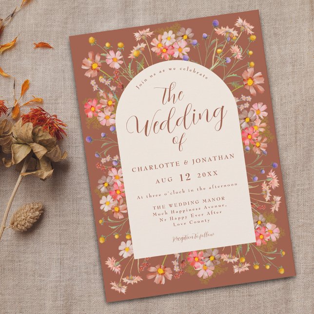 Convites Boho Fall Wildflower Terracotta Beige Weding (Boho wildflower arch burnt orange terracotta beige fall wedding invitation Elegant modern script)