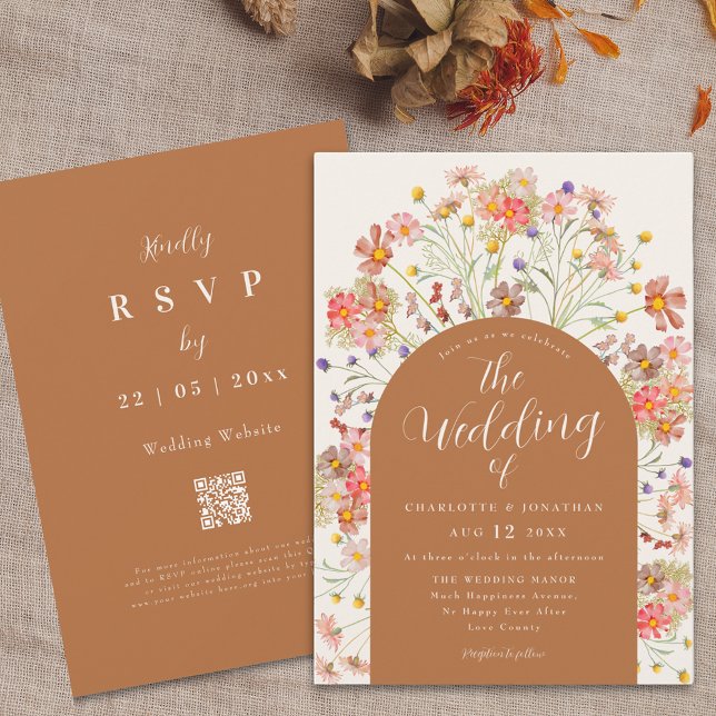 Convites Boho Fall Wildflower Terracotta Casamento (Boho fall Wildflower floral arch terracotta burnt orange Wedding invitation and RSVP website QR code)