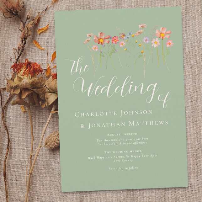 Convites Boho Fall Wildflower Terracotta Sage Casamento Ver (Boho fall Wildflower rustic floral sage green Wedding invitation Elegant modern script watercolor)