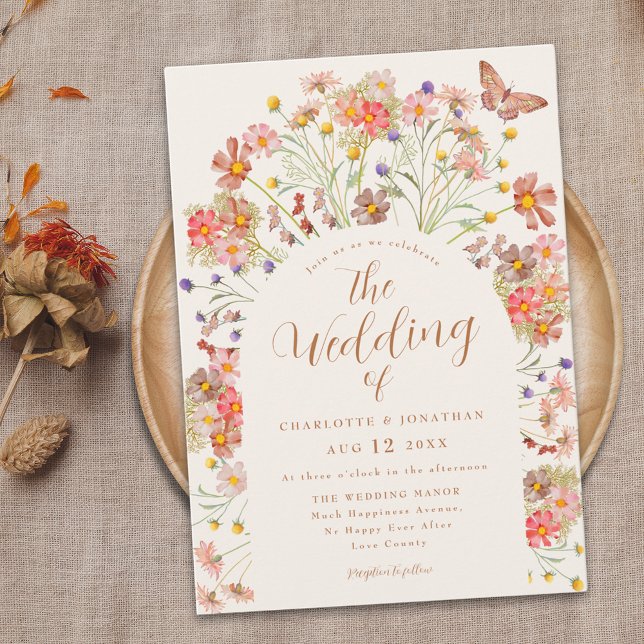 Convites Boho Fall Wildflower Wedding (Boho fall Wildflower butterfly floral Wedding invitation Terracotta ivory cream beige burnt orange)