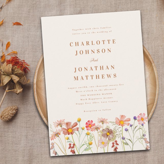 Convites Boho Fall Wildflower Wedding (Boho fall Wildflower meadow Wedding invitation rustic country meadow watercolor florals burnt orange)