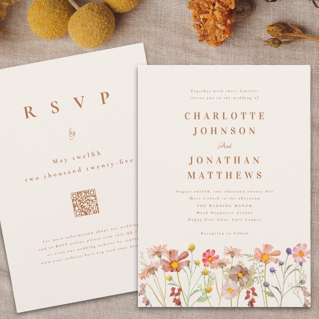 Convites Boho Fall Wildflower Wedding (Boho fall wildflower wedding invitation watercolor autumn florals terracotta beige burnt orange)