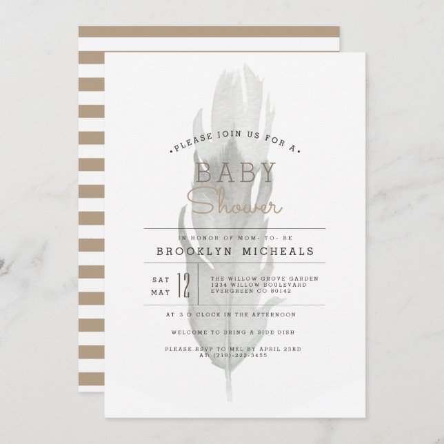 Convites Boho Feather | Chá de fraldas de aquarelas (Frente/Verso)