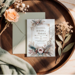 Convites Boho Feather Floral Pink Gold Frame Wedding