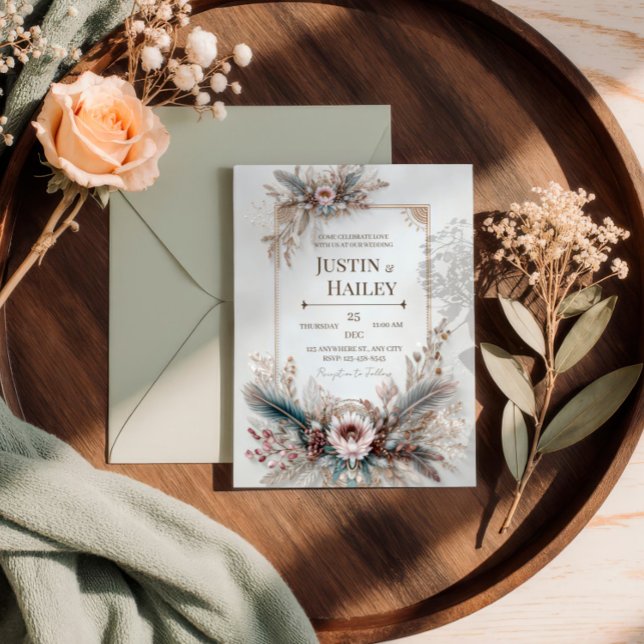 Convites Boho Feather Floral Pink Gold Frame Wedding (Criador carregado)