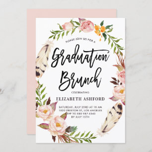 Convites Boho Feather & Floral Wreath Graduação Brunch