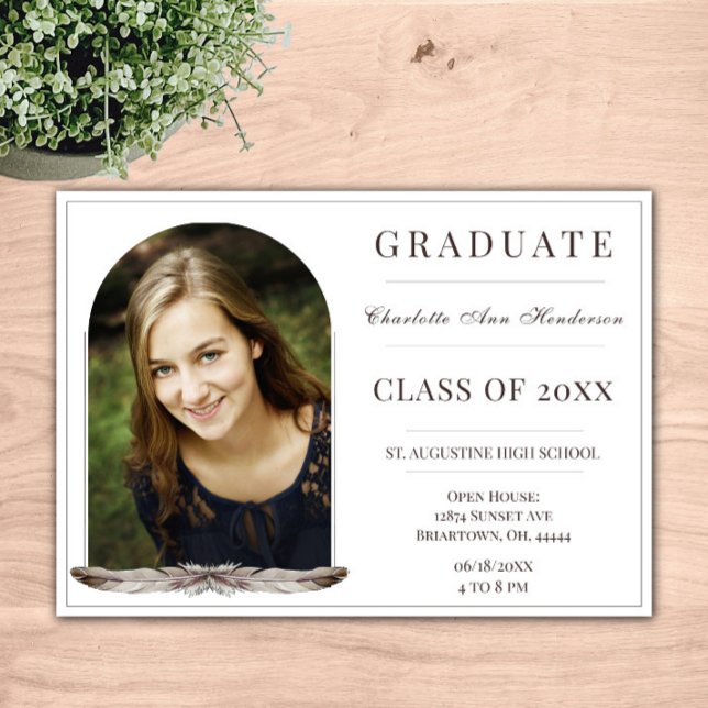 Convites Boho Feather Frame Photo Open House | Branco (Boho Feather Frame Photo Open House Invitation)