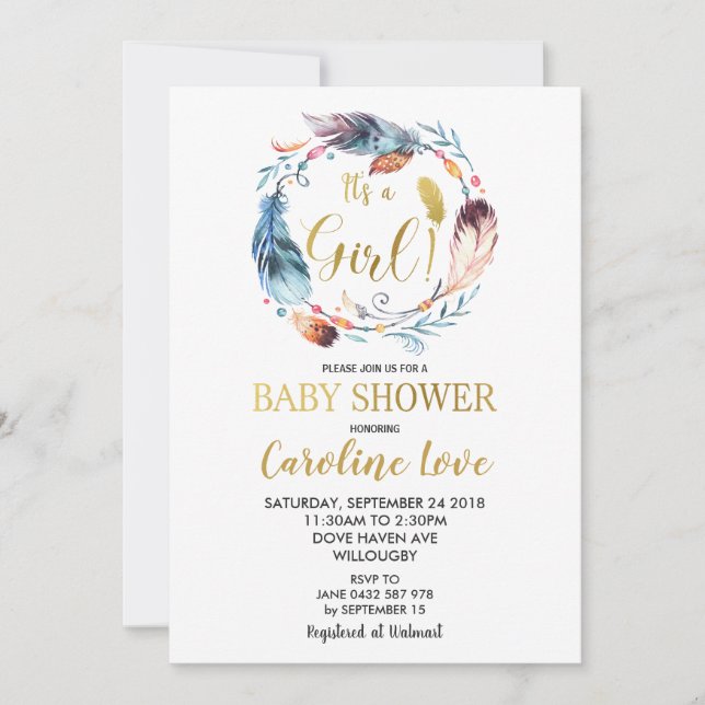 Convites Boho Feather Wreath Chá de fraldas (Frente)