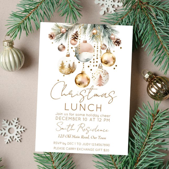 Convites Boho, festa de Natal, Snowcolor (Boho Christmas party lunch template invitation gold baubles on pines gold glitter modern invitation)