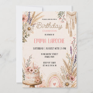 Convites Boho Flor de Campo de Aniversário Floral Pampas Aq