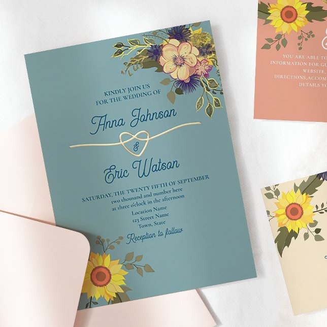 Convites Boho Floral Amarelo Rosa e Casamento Azul (Criador carregado)