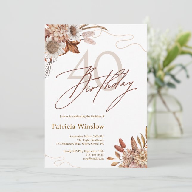 Convites Boho Floral aniversário de 40 anos (Em pé/Frente)