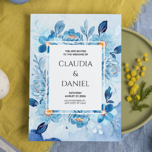Convites Boho Floral Azul Elegante e Casamento Chic