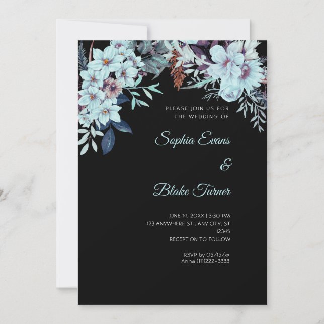 Convites Boho Floral Azul Inverno Casamento Preto (Frente)