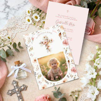 Convites Boho Floral Baptism Dusty Pink Photo LPM26