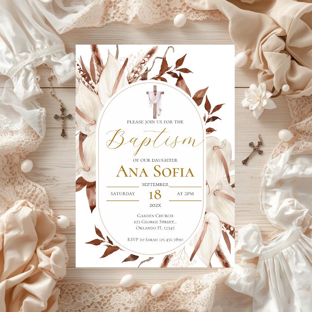 Convites Boho Floral Baptism Invitation (Criador carregado)