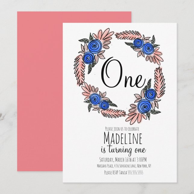 Convites Boho Floral Bebê Primeiro Aniversário Rua Botânica (Frente/Verso)