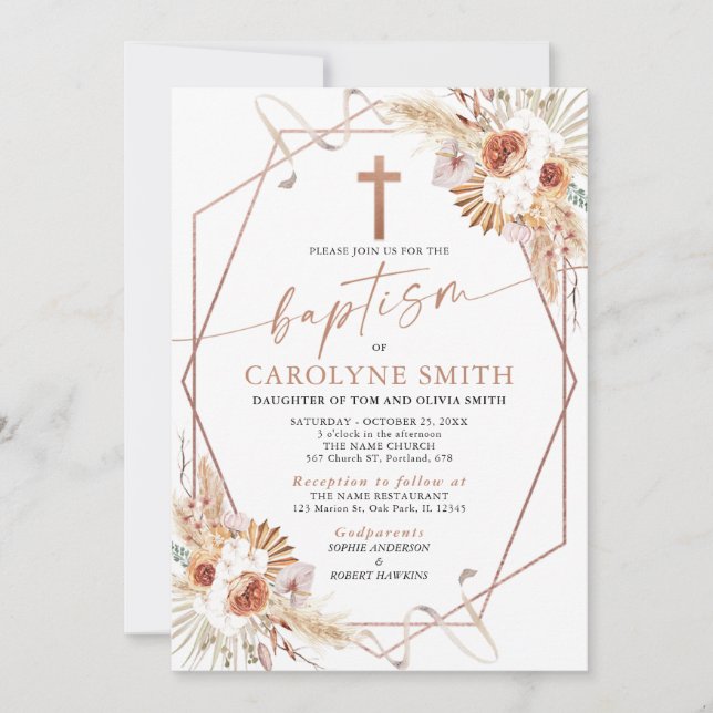 Convites Boho Floral Bohemian e Pampas Grass Baptism (Frente)