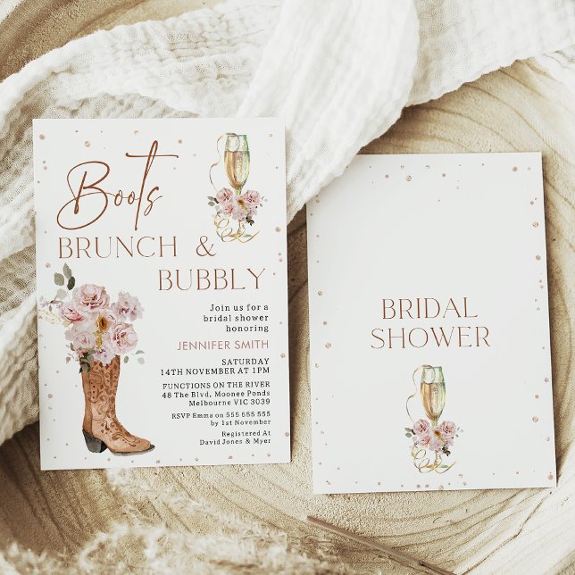 Convites Boho Floral Boot Brunbble Chá de panela (Boots brunch and bubbly bridal shower invitation in a bohemian style with cowboy boots and glass.)