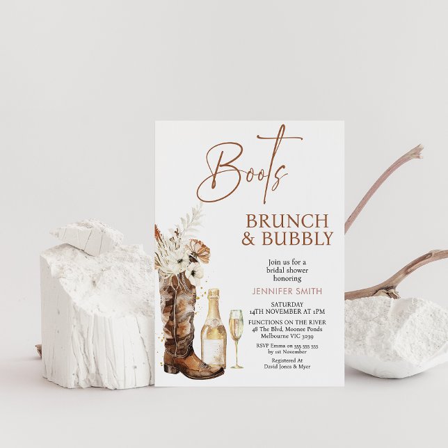 Convites Boho Floral Boots Brunch Chá de panela Borracha (Floral Cowgirl Boots Brunch and Bubbly Bridal Shower Invitation, Champagne Glass and Bottle, Wedding)