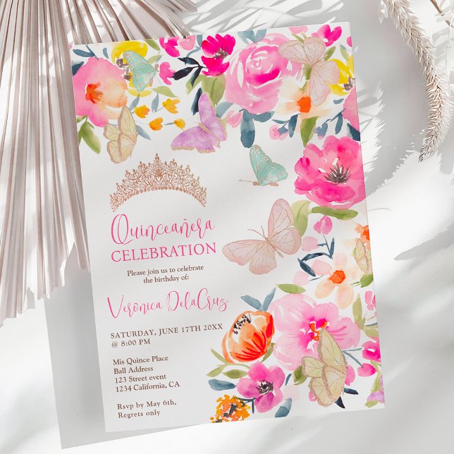Convites Boho floral borboletas quinceanera (Boho floral watercolor butterflies quinceanera invitation)