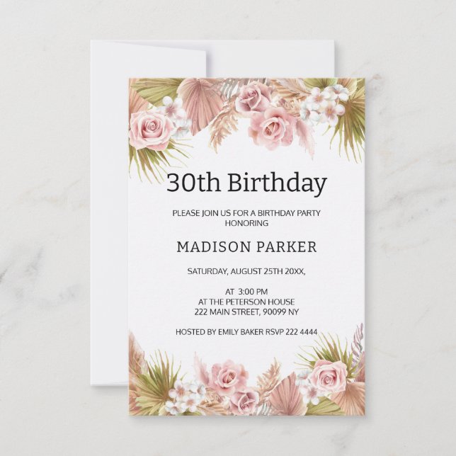 Convites Boho Floral Border Buquê Birthday (Frente)