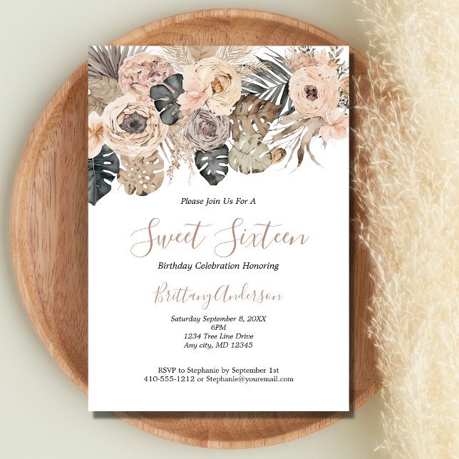 Convites Boho Floral Botânico Doce Dezesseis 16 Aniversário (Blush Pink White Gray Brown Boho Floral Botanical Sweet Sixteen Birthday Invitation)