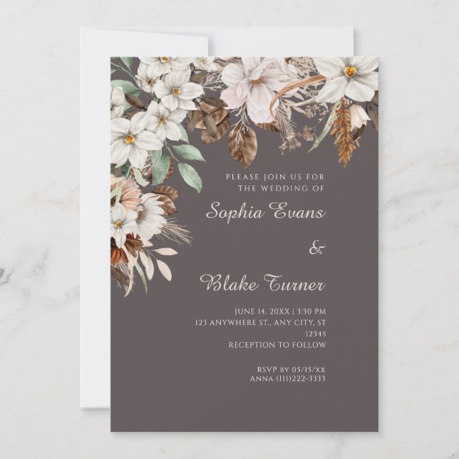 Convites Boho Floral Branco Cinza Cinzento Casamento de Out (Frente)