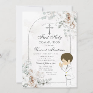 Convites Boho Floral Branco Cruz Prata Menino Rezando Batis
